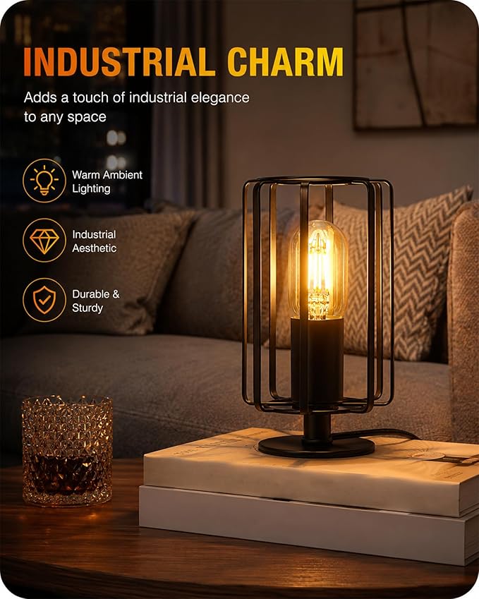 Industrial Small Table Lamp, Small Bedside Lamp with Dimmable 2400K Warm Light LED Bulb, Vintage Desk Lamp, Black Nightstand Lamp for Bedroom, Study, Office, Small Space, B05TL05