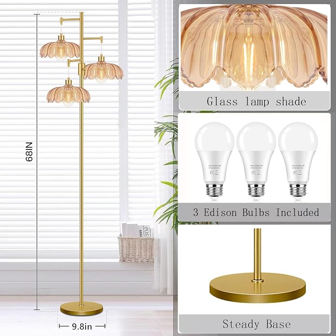 Dimmable Floor Lamp for Living Room Bedroom-3 Light Gold Floor Lamp with Glass Lampshape, Flower Tall Lamp Mid Century Modern Standing Lamp Glass Tree Floor Lamps for Living Room Bedroom,Corner