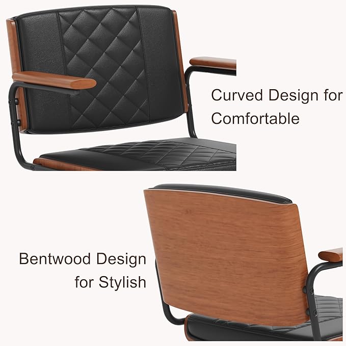 Ergonomic Office Chair with Rubber Wheels & Walnut Arms - PU Leather Mid-Back Desk Chair, Adjustable Height, Bentwood Backrest | Swivel Rocking Design for Home Office, Meeting Room, Study