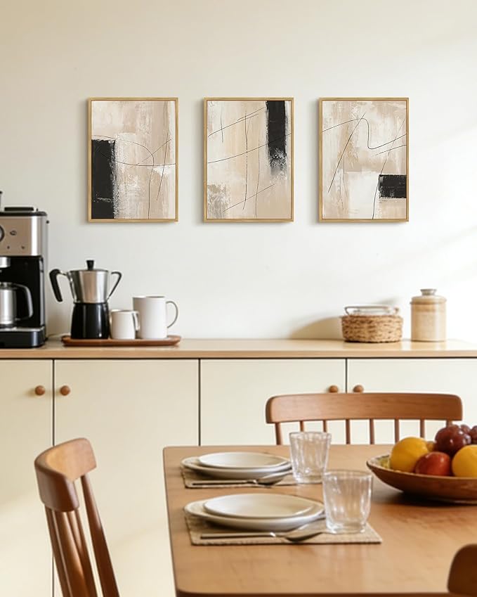 KUVIOKE Abstract Framed Wall Art Minimalist Beige Pastel Watercolor Neutral Wall Decor Modern Black Line Art Painting Home Decor 11x14in (Natural Framed)