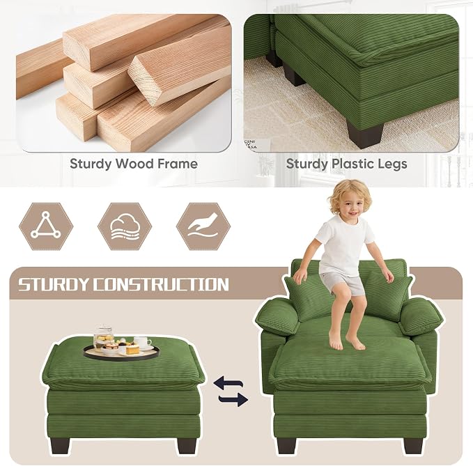 Chaise Lounge Chair Indoor, Oversized Accent Chairs with Ottoman, Luxury Corduroy Upholstered Deep Seat Sleeper Sofa Reading Chairs and A Half with Pillows for Living Room, Bedroom, Apartment, Green