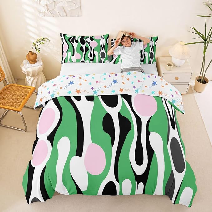 Erosebridal Mid Century Modern Abstract Duvet Cover Set Vintage Geometric Queen Bedding Set for Toddler Boys Contemporary Organic Shapes Comforter Cover Squiggle Blob Bed Sets,Green Pink