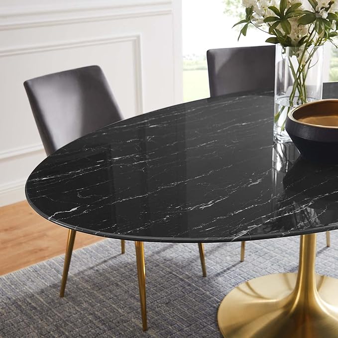 Modway Lippa Oval 78" Mid-Century Modern Artificial Marble Dining Table in Gold Black