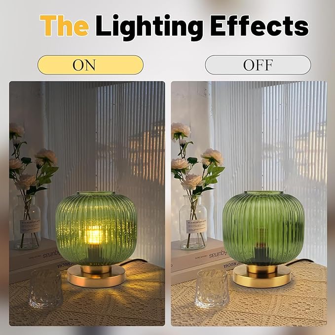 Bedside Table Lamps Set of 2, Mid Century Table Lamp Small Glass Table Lamp Green Glass Nightstand Lamp with Metal Base, Gold Globe Desk Lamp End Table Lamps for Bedroom Living Room Office