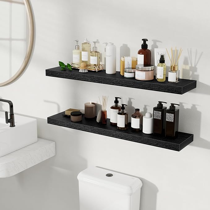 Fun Memories Floating Shelves for Wall, Rustic Wood Wall Mounted Shelves for Bathroom, Bedroom, Living Room & Kitchen, Storage Display Shelves, (Set of 2, Black, 36 in)