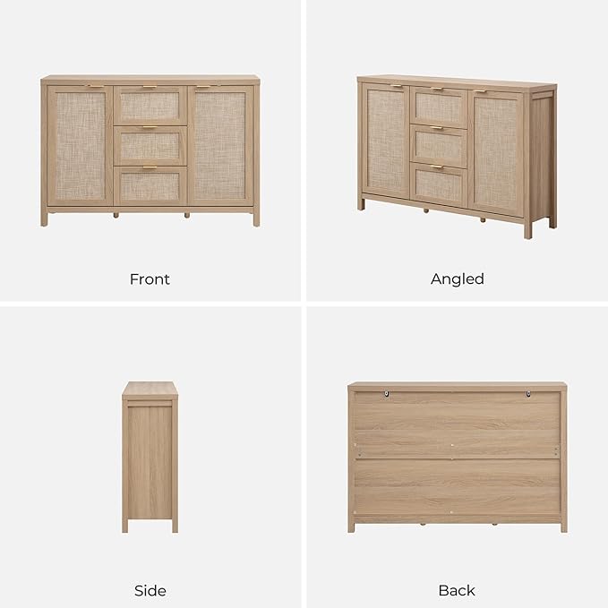 SICOTAS 52" Larger Sideboard Buffet Coffee Bar Cabinet with Storage - Farmhouse Rattan Credenza Storage Cabinet with 3 Drawers and 2 Doors, Boho Console Table for Living Room, Kitchen, Light Oak