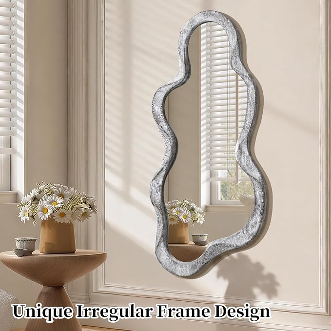 Irregular Asymmetrical Mirror for Wall Decor Large Modern Wooden Framed Wall Mirror Unique Shape Wall Mounted Vanity Artistic Wavy Mirror Decorative for Living Room Bedroom Bathroom Entryway