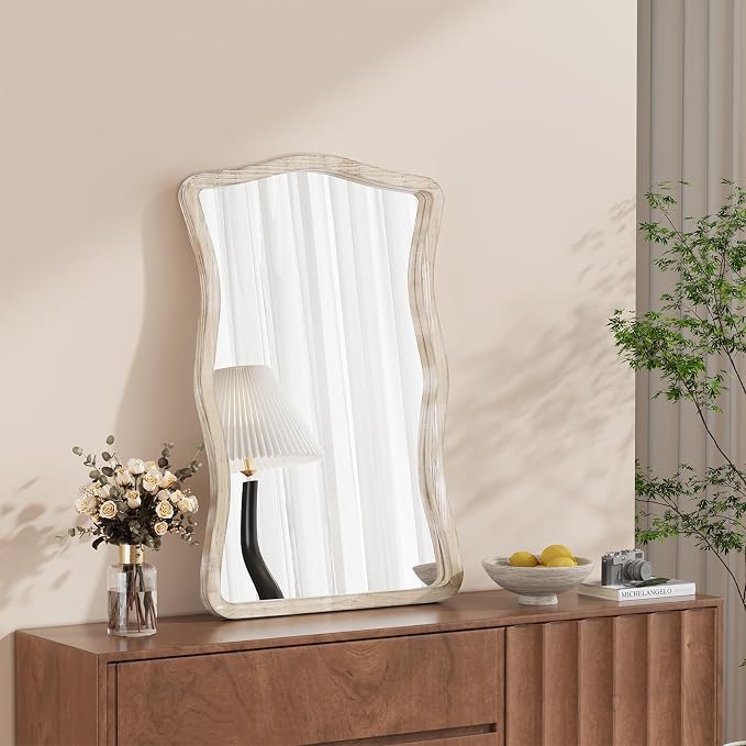 ULIKE Wavy Wall Mirror for Bathroom, 24x36 Wood Frame Mirror for Over Sink, Rustic Wall Mirrors Decorative and Vanity Mirrors for Bedroom Living Room Entryway, White