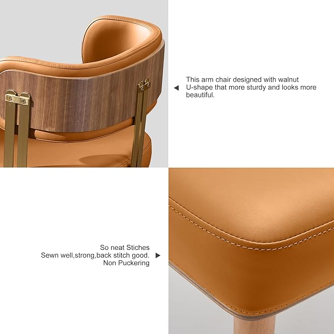 Modern Upholstered Leather Dining Chairs Set Of 2 with High-Resilience Foam Cushion, Walnut Wood Veneer&Gold Metal Legs, 22Lx20.5Wx28.3Hin Anti-Slip Kitchen Chairs for Dining Room,CinnamonOrange
