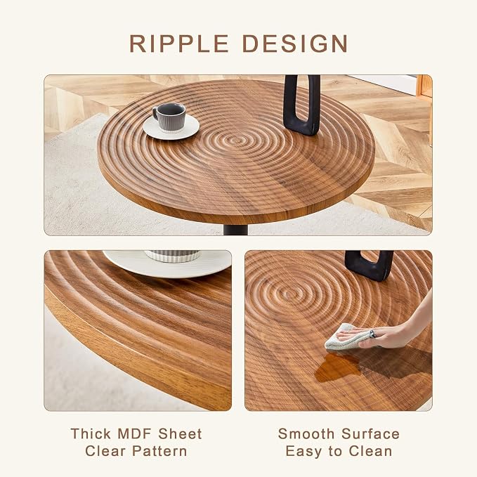 31.5 Inch Round Dining Table for 2-4 Person,Mid-Century Modern Walnut Tulip Kitchen Table, Wooden GrainTabletop with Suction Molding Annular Texture and Black Metal Base