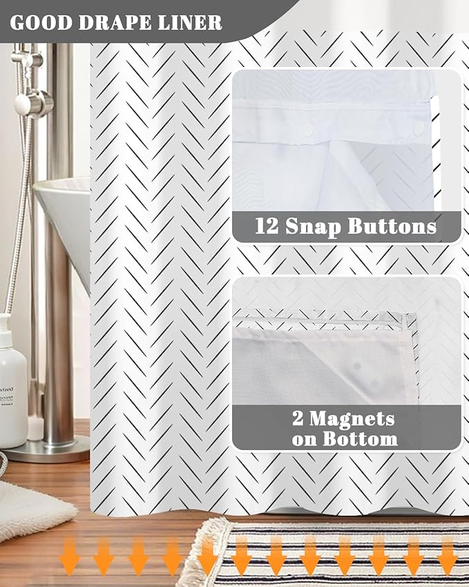 No Hook Shower Curtain and Liner Set, Black and White Herringbone Print Double Layer Waterproof Fabric Bath Tub Curtain for Modern Minimalist Bathroom Decor, See Through Top, 71x74 Inch