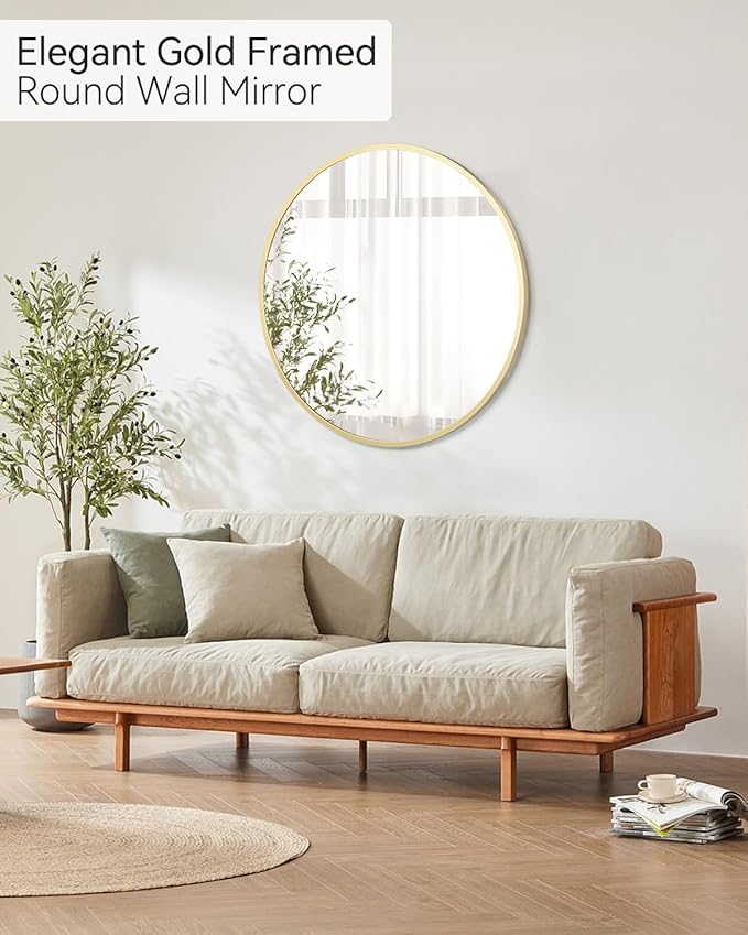 18 Inch Round Mirror, Gold Circle Mirror for Bathroom, HD Eco-Friendly Round Bathroom Mirror for Over Sink, Small Matte Gold Metal Framed Wall Mirror for Wall, Vanity, Entryway, Easy to Install