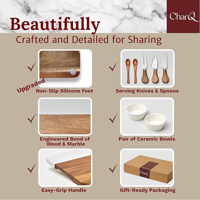 Marble Acacia Charcuterie Board Set – Premium Design (Not Bamboo), Cheese Platter & Serving Tray for Meat and Cheese, Elegant Housewarming Gift for New Home, Wedding & Bridal Shower Gifts for Women