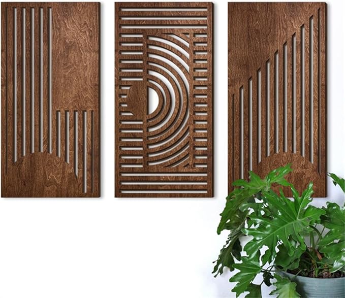 3 Pcs Geometric Wood Wall Art Decor, Wooden Minimalist Wall Hanging Decor, 3D Hollow Carved Craft Art Set, Boho Abstract Wall Sculptures Panels Decoration for Home Living Room Bedroom Kitchen (B)