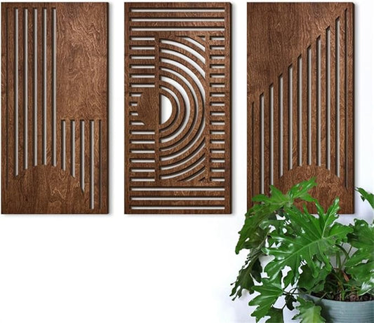 3 Pcs Geometric Wood Wall Art Decor, Wooden Minimalist Wall Hanging Decor, 3D Hollow Carved Craft Art Set, Boho Abstract Wall Sculptures Panels Decoration for Home Living Room Bedroom Kitchen (B)
