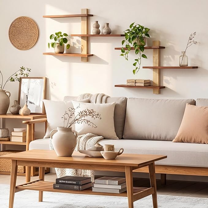 Pinkunn 2 Pack Wood 3 Tier Floating Shelf Large Minimalist Wall Shelves Mid Century Modern Furniture Wall Mount Shelf Art Decor Rustic Shelving for Bedroom Living Room Office Home(Natural Wood)
