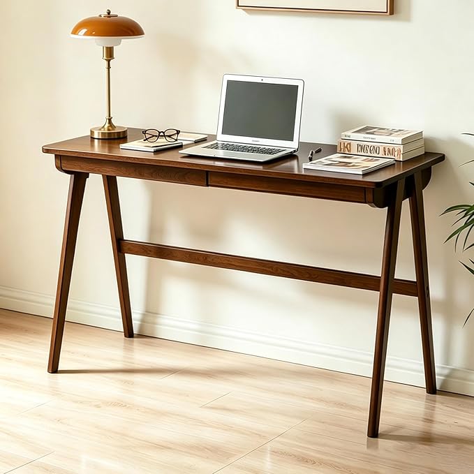 Solid Wood Desk with Drawers, Computer Desk for Home Office, Small Writing Desk for Bedroom & Small Spaces, Sturdy A-Frame, Easy Assembly (Walnut Color, 39inch)