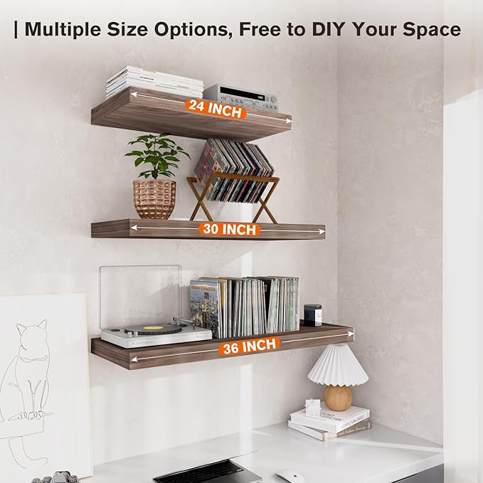 Floating Shelf, Set of 1 Wall Shelf, 36 in W x 12.75 in D x 2 in H Wooden Floating Wall Shelf with Invisible Brackets for Living Room/Bedroom/Bathroom/Kitchen Storage and Decor, Walnut