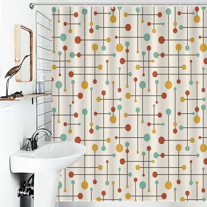 Vintage Atomic Geometric Shower Curtains, Modern Mid Century Classic 70s Lconic Colorful Pattern Washable Waterproof Fabric for Bathroom Decor Bathtub with 12 Hooks 55x72in（140x183cm）