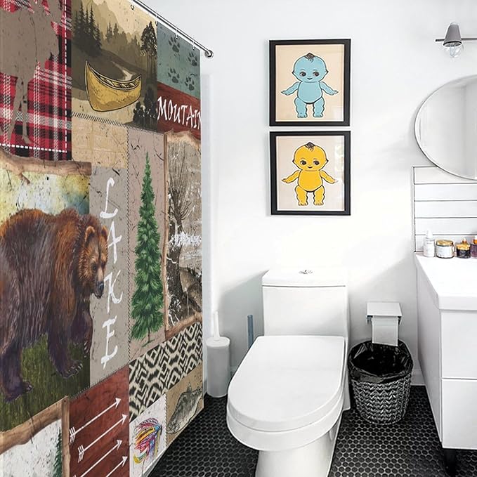 Retro Rustic Bear Shower Curtains, Vintage Deer Farmhouse Forest Cabin Lodge Woodland Adventure Cottage Country Waterproof Shower Curtains for Bathroom Decor 12 Pack Hooks 72x72in (183x183cm