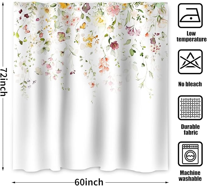 Spring Flower Shower Curtain, Floral Plant Machine Washable Waterproof Fabric Stall Size for Bathroom Bathtub Decor with Hooks 60Wx72H