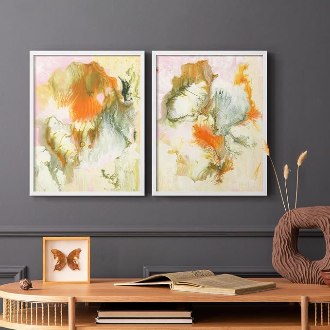 Renditions Gallery Set of 2 Peel & Stick Framed Prints, Modern Abstract Wall Art, Mix Color Oil Paint Design Wall Decor, Re-Stickable - Ready to Hang - 22"x28" - White Frame LT588