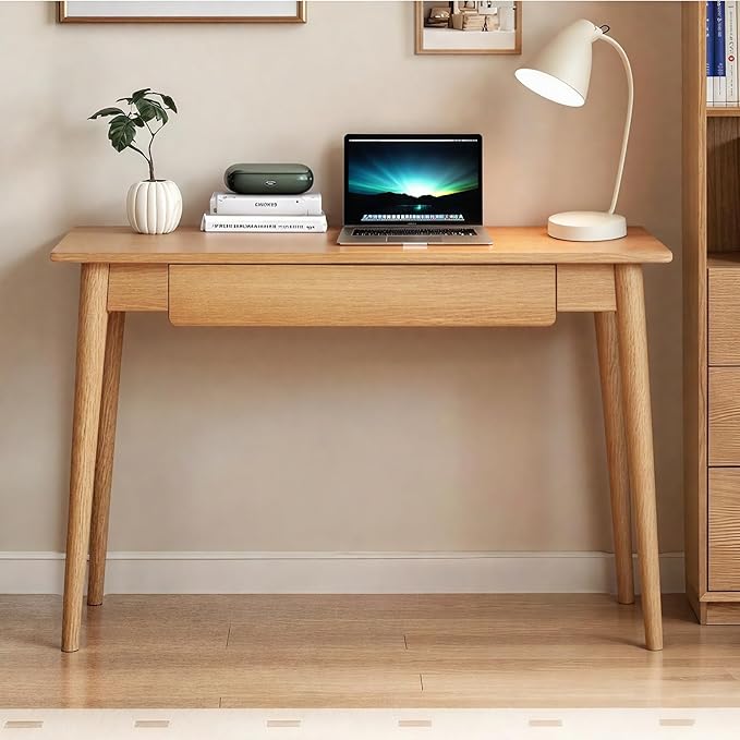 100% Solid Oak Wood Home Office Desk, Writing Computer Desk with Drawer Mid Century Modern Desk for Home Office Sturdy Writing 31.49" W
