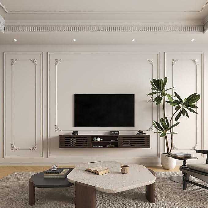 70" Floating TV Stand with Slatted Sliding Doors, Mid-Century Modern Wall Mounted Entertainment Center, Walnut Media Floating tv Console for 85 TV, Space-Saving Cable Management