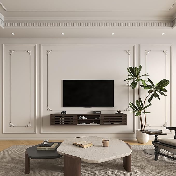 55" Floating TV Stand with Slatted Sliding Doors, Mid-Century Modern Wall Mounted Entertainment Center, Walnut Media Floating tv Console for 75 TV, Space-Saving Cable Management