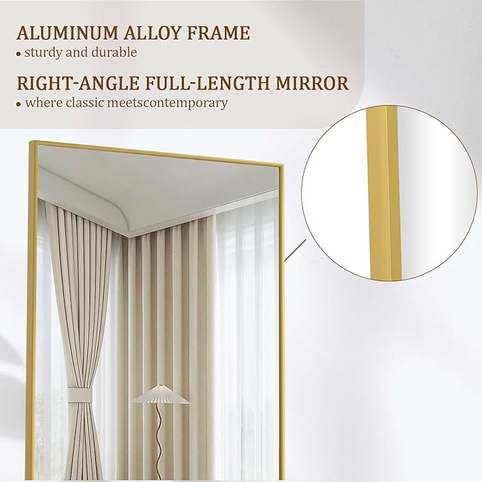 Koonmi 68"x22" Floor Mirror Full Length, Bedroom Floor Body Mirror with Stand, Large Gold Mirror, Leaning, Standing or Hanging Horizontally/Vertically