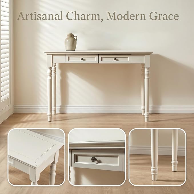 ADORZ Narrow Writing Desk with Drawers, 47 Inch French Country Solid Wood Desk for Home Office, Study Workspace or Bedroom, White