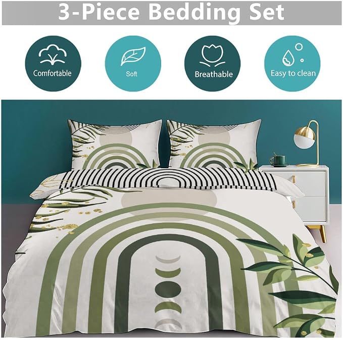 Boho Green Leaf Bedding Set,Abstract Bohemian Mid Century Aesthetic Comforter Set,Modern Simple Minimalist Geometric Plant Botanical Palm Leaf Bed Sets，Twin 86"x70"