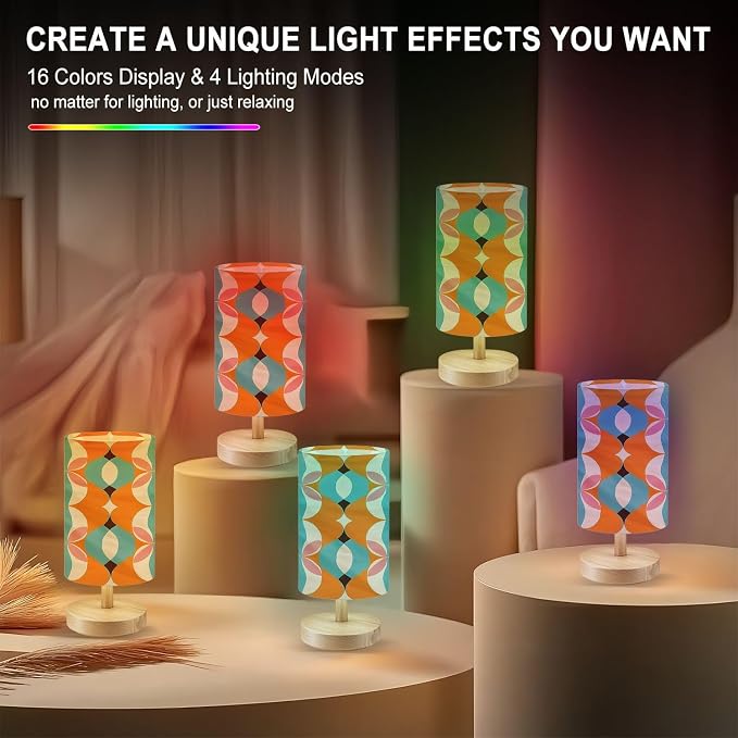 Bedside Table Lamp 50s Mid Century Modern Seamless Pattern 16-Way Dimmable Small Desk Lamp with Round Flaxen Fabric Shade for Nightstand Bedroom Living Room Home Decor
