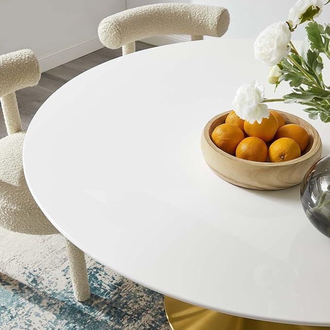 Modway Lippa 54" Mid-Century Modern Dining Table with Round White Top in Gold White