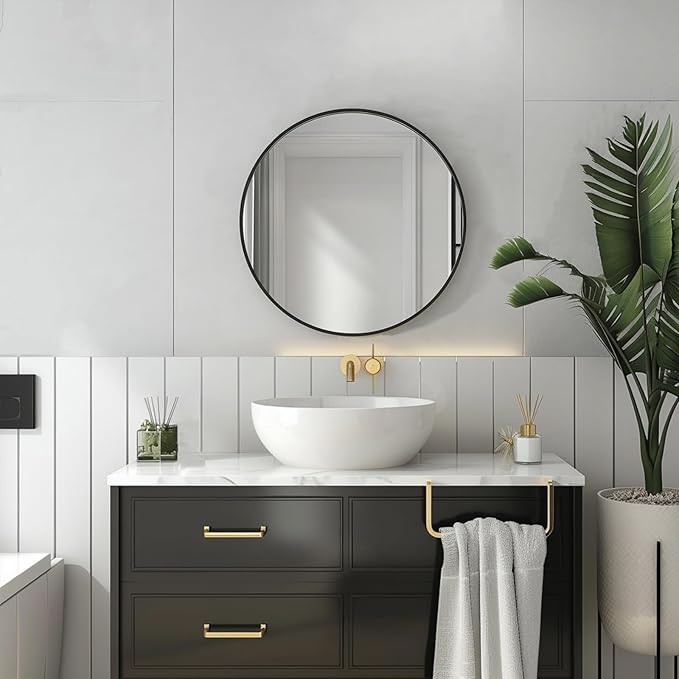 Sunniry Black Circle Mirror, Round Bathroom Mirror 20 inch, Round Wall Mirror Matte Metal Frame, Circle Mirrors for Bathroom, Vanity, Bedroom, Hallway.