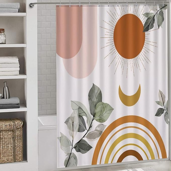 Boho Mid Century Shower Curtain,Green Nature Leaf Sun Modern Minimalist Bathroom Curtain Polyester Waterproof Fabric Decor 66x72in（168x183cm）