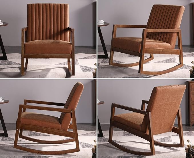 VESCASA Brown Faux Leather Rocking Chair with Channel-Tufted Back, Mid-Century Modern Comfy Rocker with Walnut Wood Frame for Nursery Living Room Bedroom Indoor, Burnt Orange Upholstered Chair