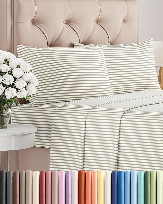 Cal King Size 4 Piece Sheet Set - Comfy Breathable & Cooling Sheets - Hotel Luxury Bed Sheets for Women & Men - Deep Pockets, Easy-Fit, Soft & Wrinkle Free Sheets - Beige Stripes Oeko-Tex Bed Sheets