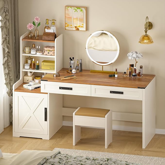 60'' Farmhouse Computer Desk with Drawers, Home Office Desk with Bookcase, Vanity Desk Writing Study Table with Storage, Antique White