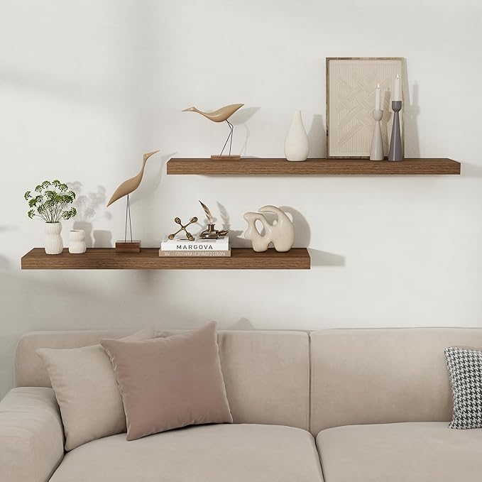 Fun Memories Rustic Wood Floating Shelves for Wall, Space-Saving Wall Mounted Shelves for Bathroom, Bedroom, Living Room and Kitchen, Stylish Storage & Display (Set of 2, Walnut, 40 in)