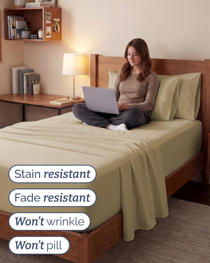 Extra Deep Twin XL Sheet Set - 4 Piece College Dorm Bed Sheets Set with Extra Deep Pockets - Ultra-Soft, Comfy & Breathable Bedding for Women, Men, Kids & Teens - Wrinkle Free & Fade Resistant - Beige