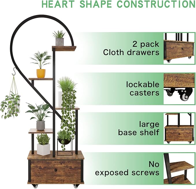 5-Tiered Tall Plant Stand Indoor, Heart-shaped Metal Plant Stand with Wheels and Hanging Hooks, Farmhouse Wood Plant Shelf Indoor for Living Room, Balcony, Garden, Rustic Brown (2 Pack)