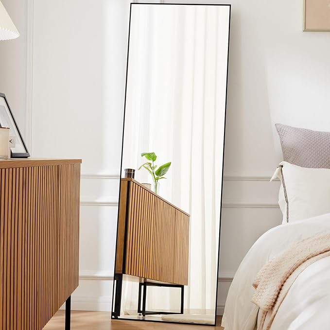 OLIXIS Full Length Mirror 59"x16.3" for Bedroom, Full Body Mirror with Stand, Hanging or Leaning for Wall, Aluminum Alloy Thin Frame Floor Standing for Living Room, Long, Black
