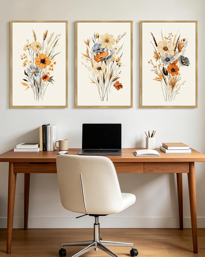 KUVIOKE Vintage Wildflower Bouquet Framed Wall Art Retro Flower Botanical Pictures Illustrations Colorful Floral Hanging Decor 24x36in (Natural Framed)