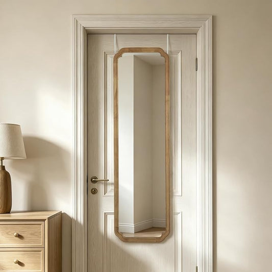 WallBeyond 48" x 14" Full Length Door Mirror with Rustic Rounded Corner Wood Frame, Over the Door Hanging Mirror for Bedroom, Closet, Dressing Area and Entryway, Natural