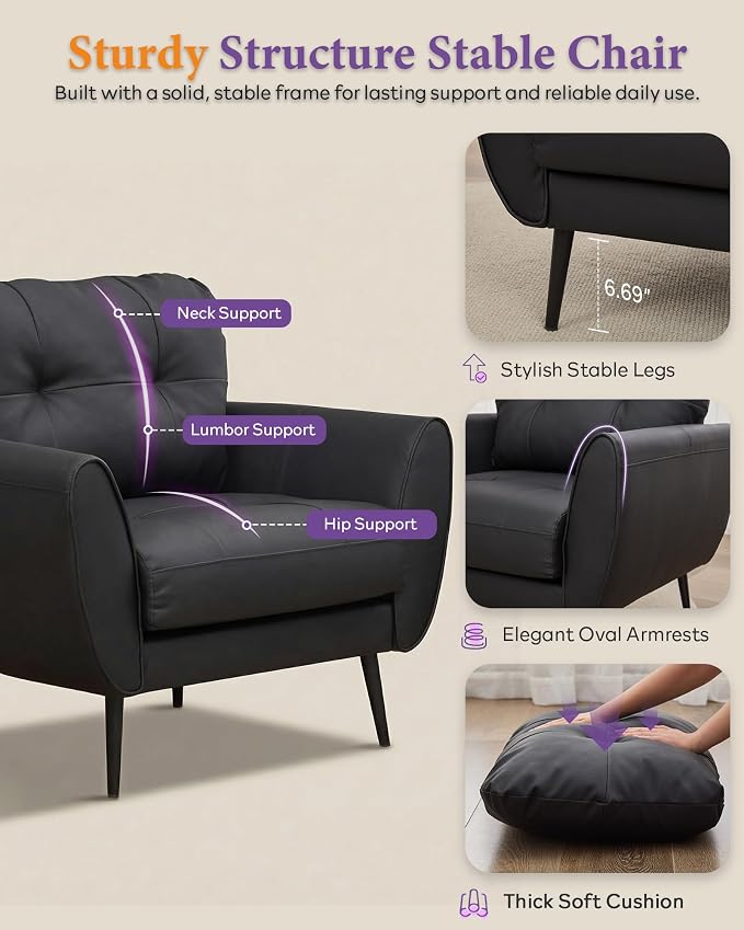 TYBOATLE Accent Chair Comfy Modern Living Room Chair Black Leather Reading Accent Chairs Tufted Mid Century Moden Arm Chair Small Salon Chair for Office Bedroom (1, Black)