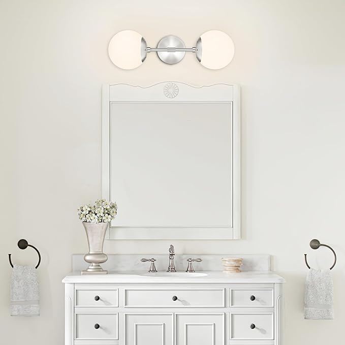 KoKo&Yukina Nickel 2 Light Vanity Light Fixtures Mid Century Modern Bathroom Vanity Light Globe Sconce with Milky White Glass for Bathroom Bedroom