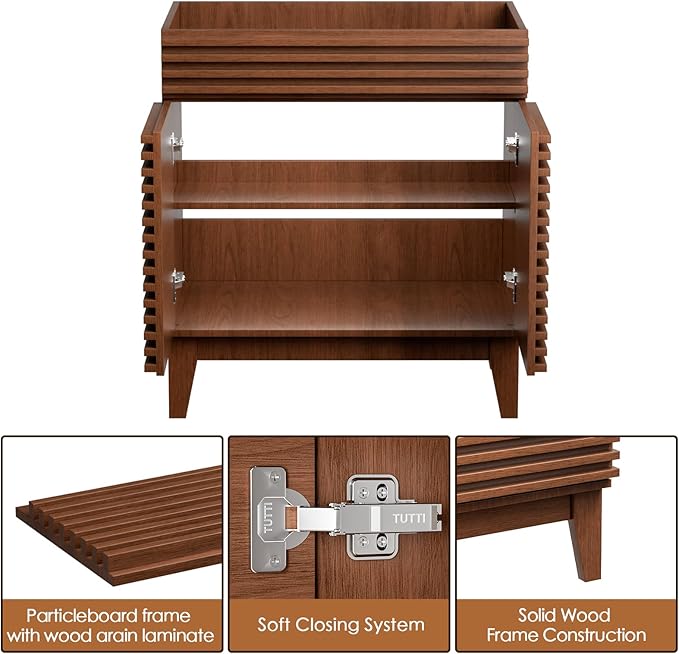 ROOMTEC 30" Bathroom Vanity, Mid-Century Freestanding Bathroom Vanity Cabinet with Storage, Particleboard Frame with Wood Grain Laminate, Walnut (Sink Basin Not Included)