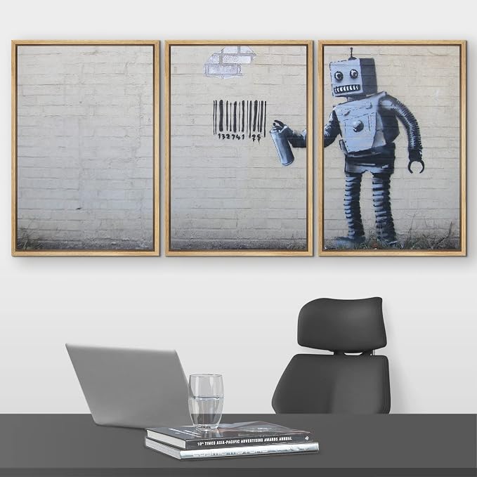 wall26 - Robot Graffiti Banksy Street - Framed Canvas Art Wall Art - 16"x24"x3 Natural