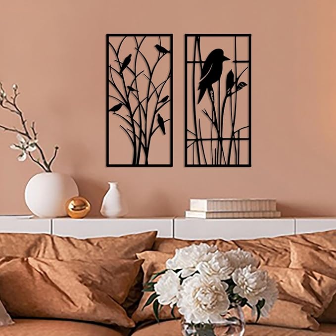 cape leadwort Metal Birds on Branches Wall Art Decor Sculptures, Metal Tree with Birds Wall Art, Wall Mounted Indoor/Outdoor Garden Decor, Gift for Bird Lovers